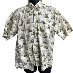 Field Stream Button Up  Shirt Mens Size L Brown Deer Buck All Over Print Cotton
